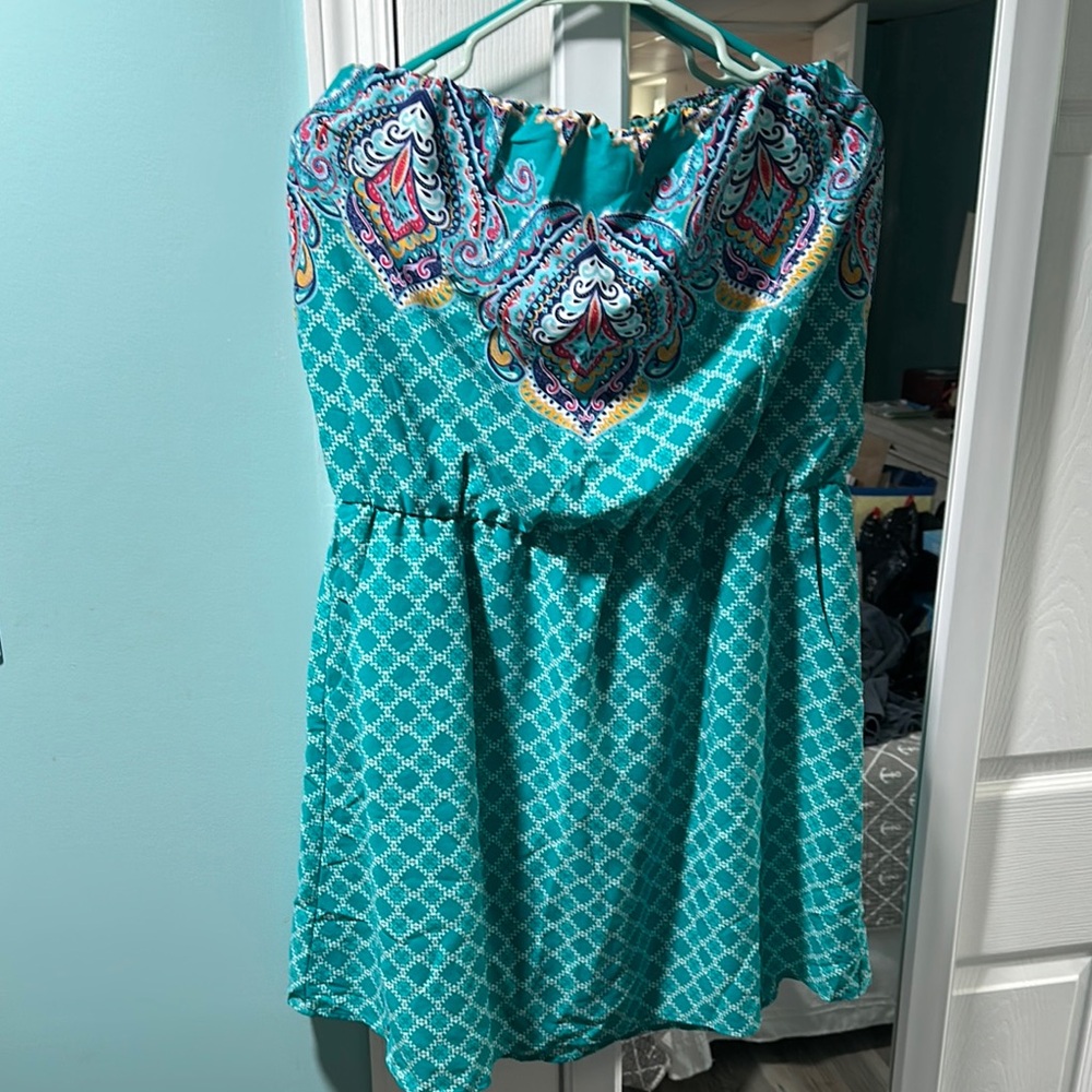 Xhilaration Teal and Multicolor Strapless Dress
